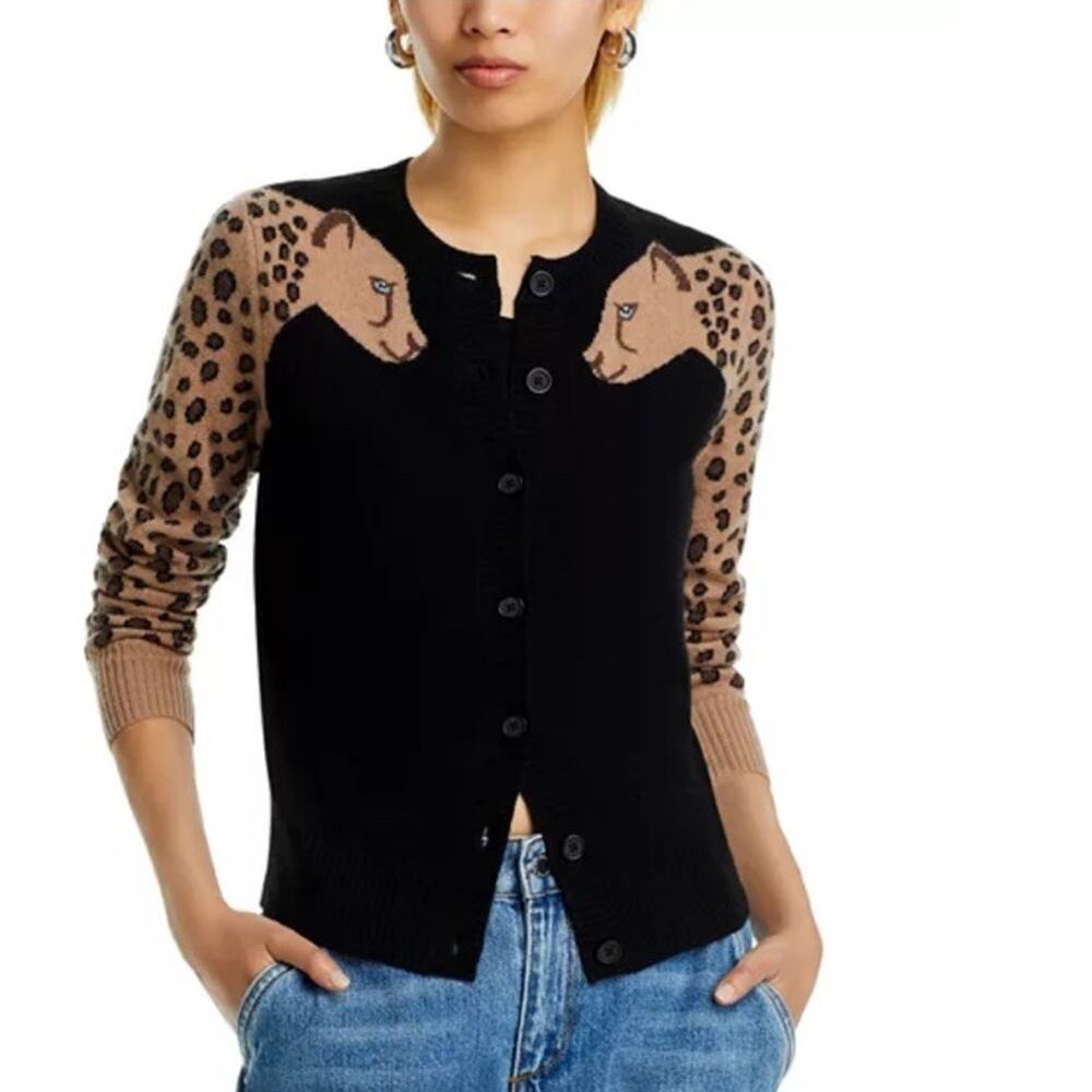 Aqua Cashmere 100% Luxurious Cheetah Sleeves Cardigan Exclusive‎ Extra Small